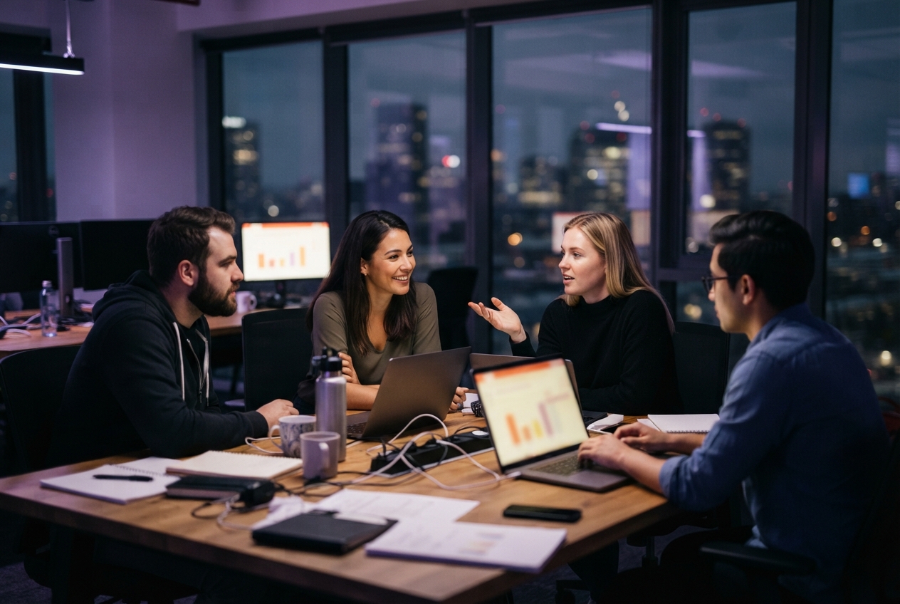 Four coworkers discuss around a conference table with laptops and charts in a dim office overlooking a city at night.