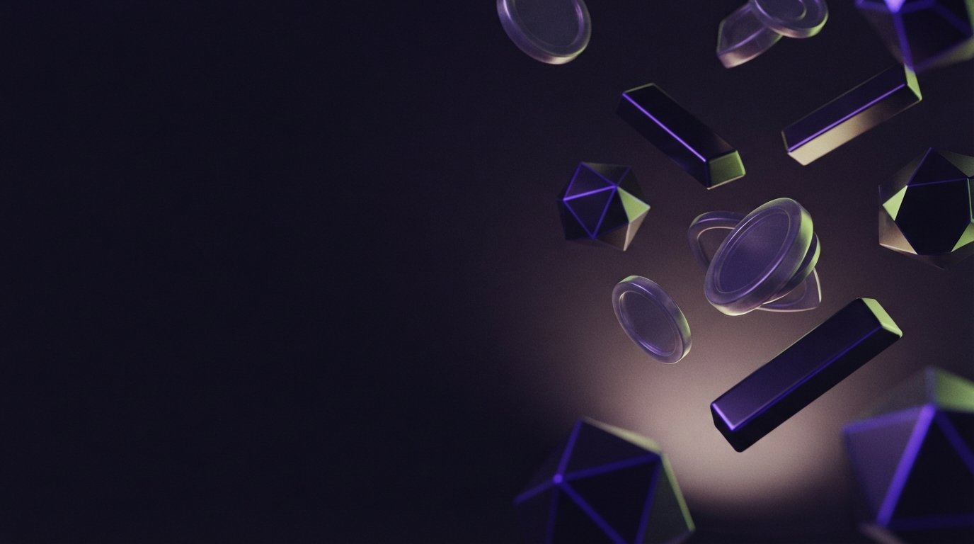 Floating purple, green, and translucent geometric shapes occupy the right side of a dark abstract background.